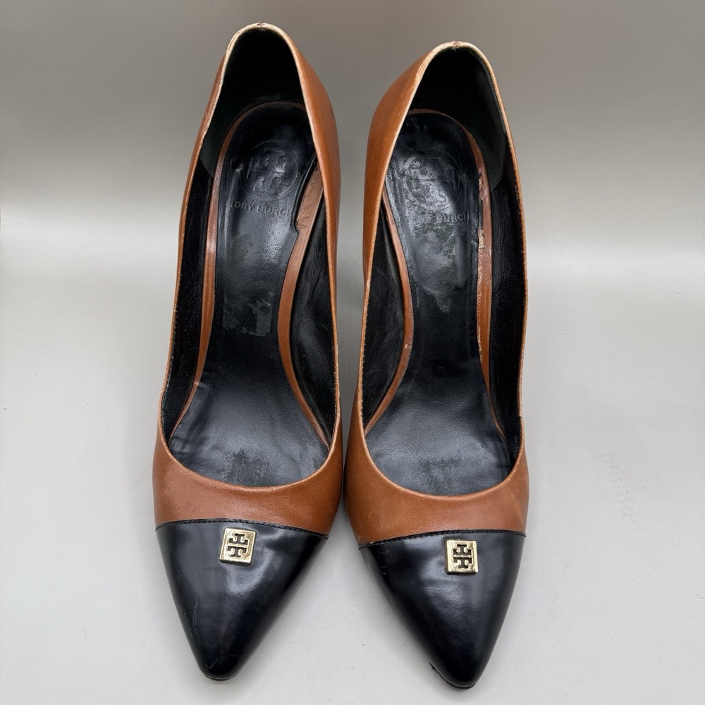 TORY BURCH KAY Pointy Toe Heels Womens SIZE 11 M Leather Two Tone Brown Black - Picture 3 of 6